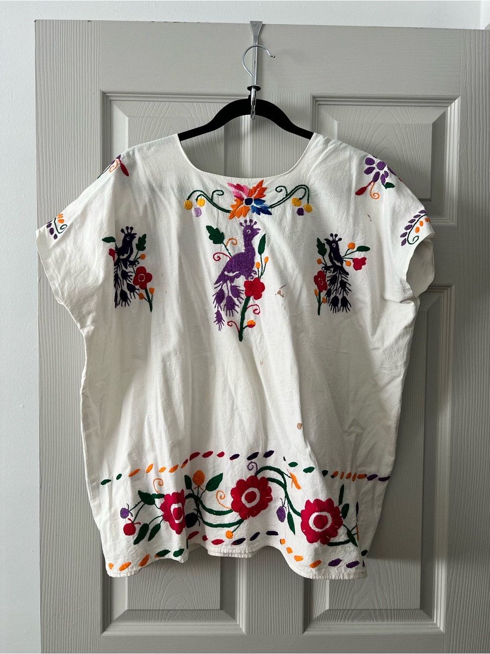Handmade Embroidered Floral Peasant Cotton Blouse - White